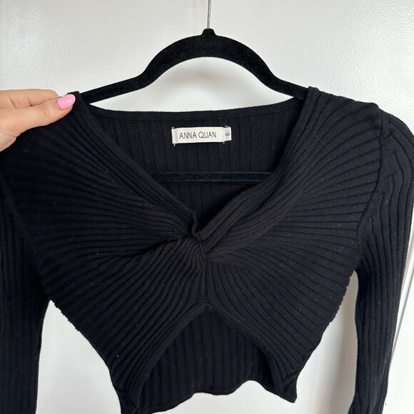 Anna Quan Pascale Cropped Top Black Sz 6 Long Sleeves Ribbed knit Knot-front - Picture 6 of 8
